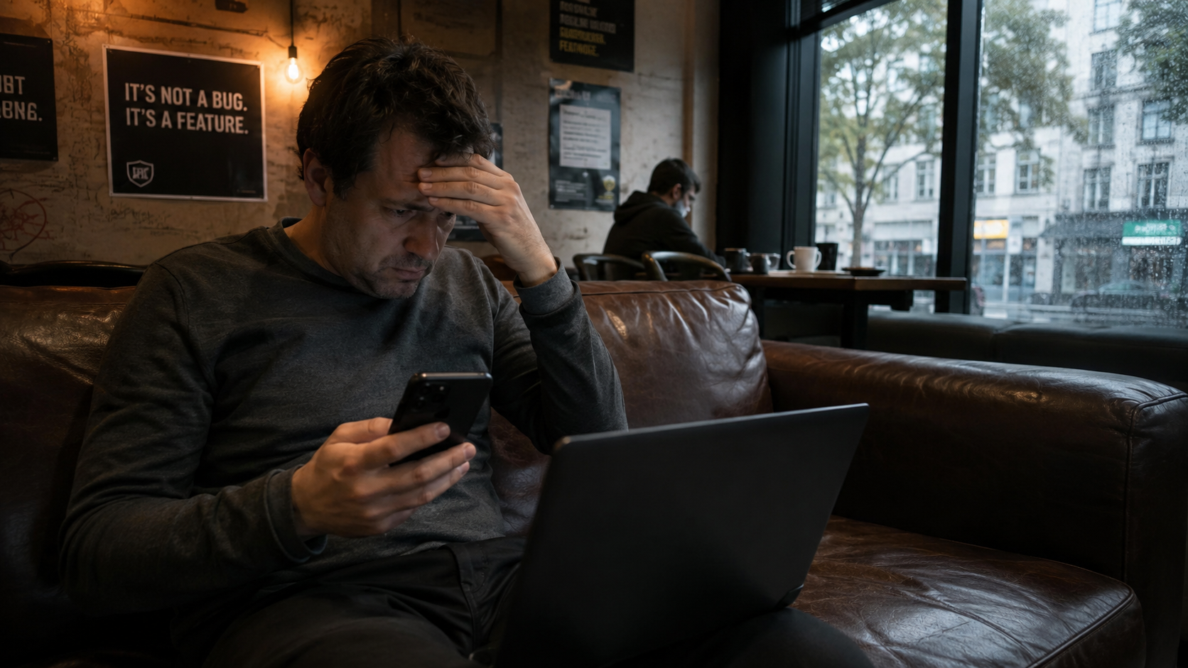 Desenvolvedor digitando código em um café movimentado